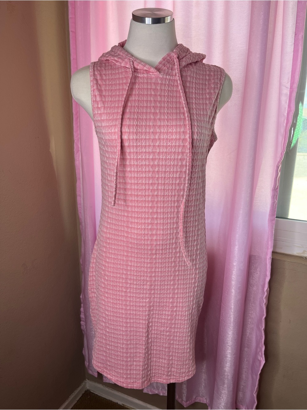 SHEIN Pink Sleeveless Hooded Waffle-Knit Mini Dress